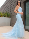 Trumpet/Mermaid Halter Sleeveless Lace Tulle Court Train Train Dresses Prom Evening Dress