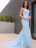 Trumpet/Mermaid Halter Sleeveless Lace Tulle Court Train Train Dresses Prom Evening Dress