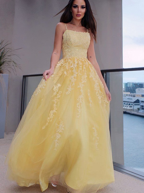 A-Line/Princess Spaghetti Straps Applique Sleeveless Tulle Floor-Length Dresses Prom Evening Dress