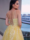 A-Line/Princess Spaghetti Straps Applique Sleeveless Tulle Floor-Length Dresses Prom Evening Dress