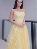 A-Line/Princess Spaghetti Straps Applique Sleeveless Tulle Floor-Length Dresses Prom Evening Dress