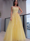 A-Line/Princess Spaghetti Straps Applique Sleeveless Tulle Floor-Length Dresses Prom Evening Dress