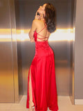 Sheath/Column Silk like Satin Spaghetti Straps Floor-Length Ruched Sleeveless Prom Dresses Evening Dress