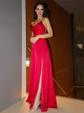 Sheath/Column Silk like Satin Spaghetti Straps Floor-Length Ruched Sleeveless Prom Dresses Evening Dress