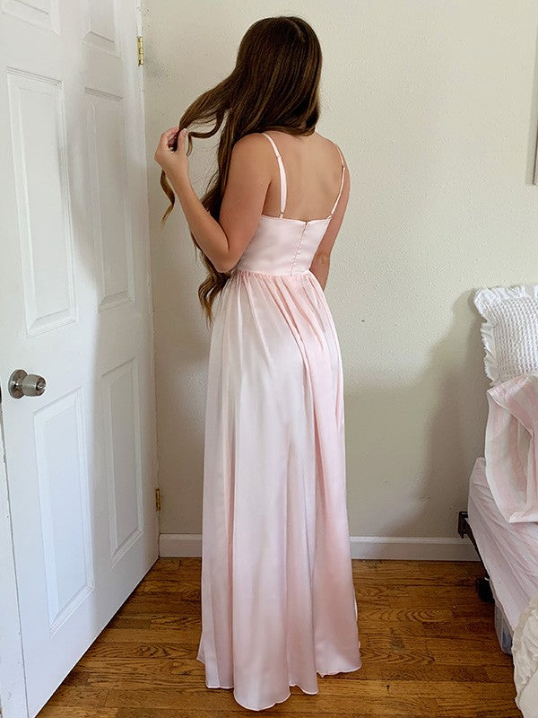 Vestido de noche de graduación con tirantes de corte A/princesa, de gasa, sin mangas, fruncido y largo hasta el suelo