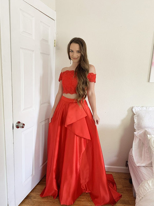 Vestido de noche de graduación de dos piezas, corte A/princesa, satén, encaje, hombros descubiertos, sin mangas, cola larga