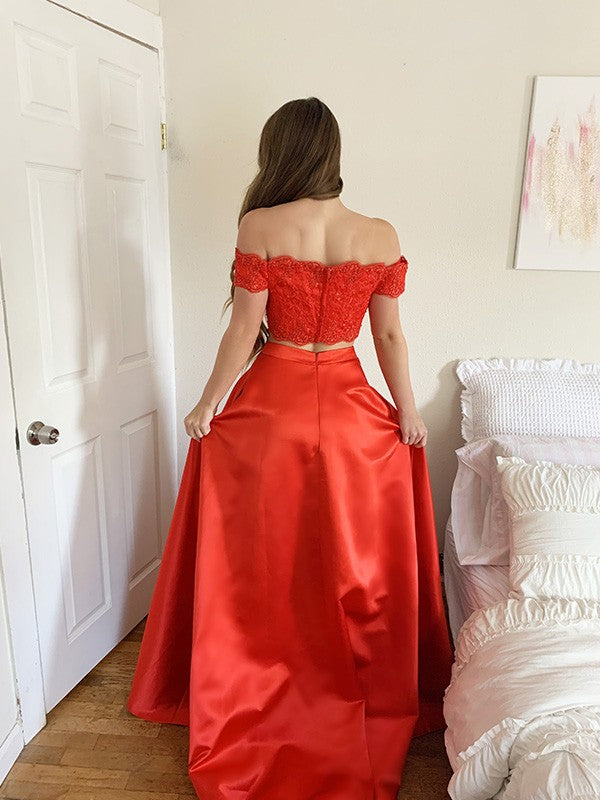 A-Line/Princess Satin Lace Off-the-Shoulder Sleeveless Sweep/Brush Train Two Piece Dresses Prom Evening Dress