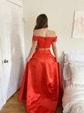 A-Line/Princess Satin Lace Off-the-Shoulder Sleeveless Sweep/Brush Train Two Piece Dresses Prom Evening Dress