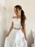 A-Line/Princess Satin Lace Off-the-Shoulder Sleeveless Sweep/Brush Train Two Piece Dresses Prom Evening Dress