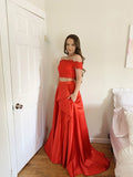 A-Line/Princess Satin Lace Off-the-Shoulder Sleeveless Sweep/Brush Train Two Piece Dresses Prom Evening Dress