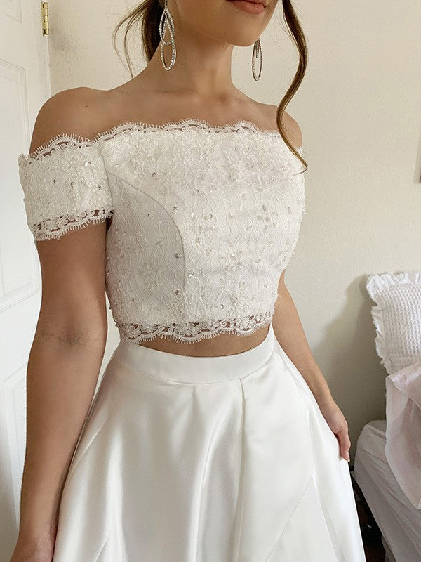 A-Line/Princess Satin Lace Off-the-Shoulder Sleeveless Sweep/Brush Train Two Piece Dresses Prom Evening Dress