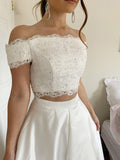 A-Line/Princess Satin Lace Off-the-Shoulder Sleeveless Sweep/Brush Train Two Piece Dresses Prom Evening Dress