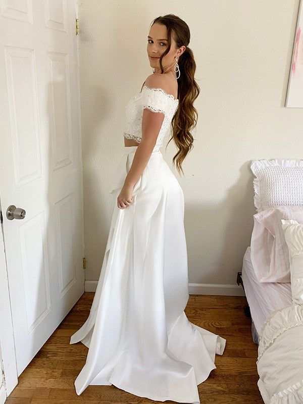 A-Line/Princess Satin Lace Off-the-Shoulder Sleeveless Sweep/Brush Train Two Piece Dresses Prom Evening Dress