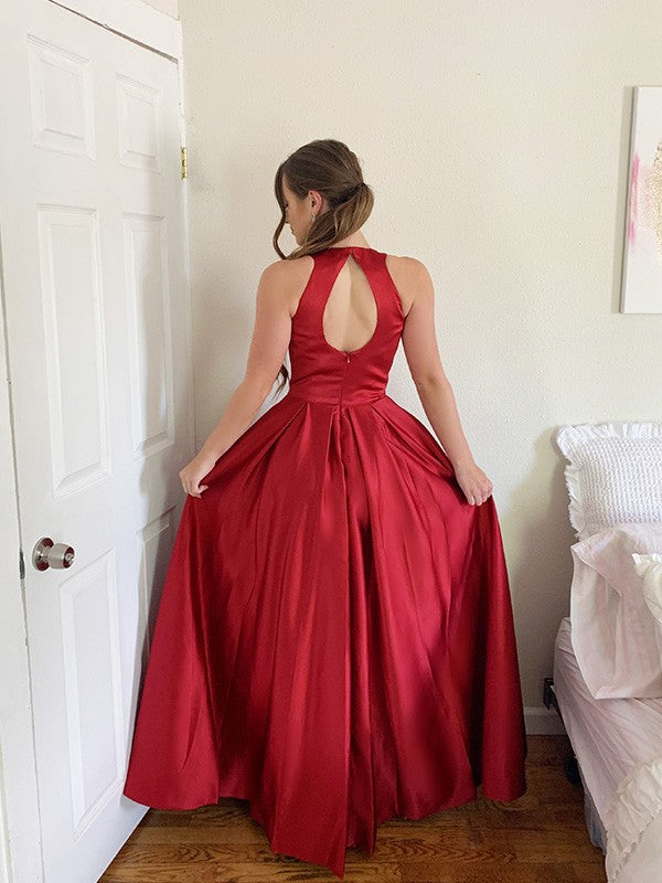 Vestido de noche de graduación de corte A/princesa, sin mangas, con cuello halter y cuentas de satén hasta el suelo