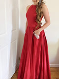 Vestido de noche de graduación de corte A/princesa, sin mangas, con cuello halter y cuentas de satén hasta el suelo