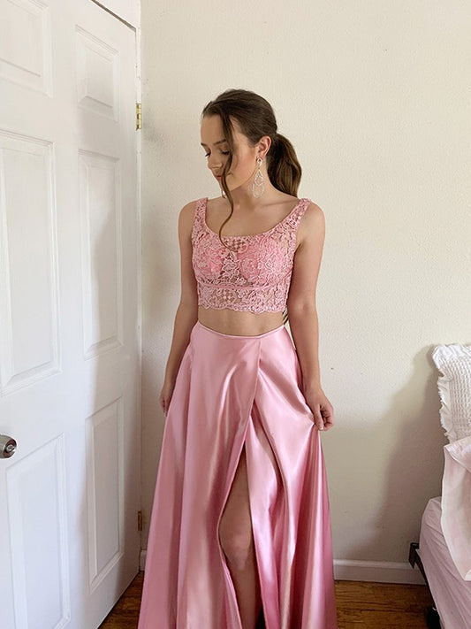 Vestido de noche de graduación de dos piezas con apliques cuadrados de satén tipo seda, sin mangas, con cola larga y corte A/Princesa