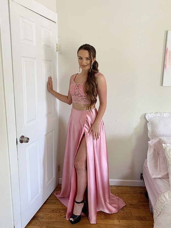 A-Line/Princess Square Applique Silk like Satin Sleeveless Sweep/Brush Train Two Piece Dresses Prom Evening Dress