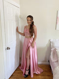 A-Line/Princess Square Applique Silk like Satin Sleeveless Sweep/Brush Train Two Piece Dresses Prom Evening Dress