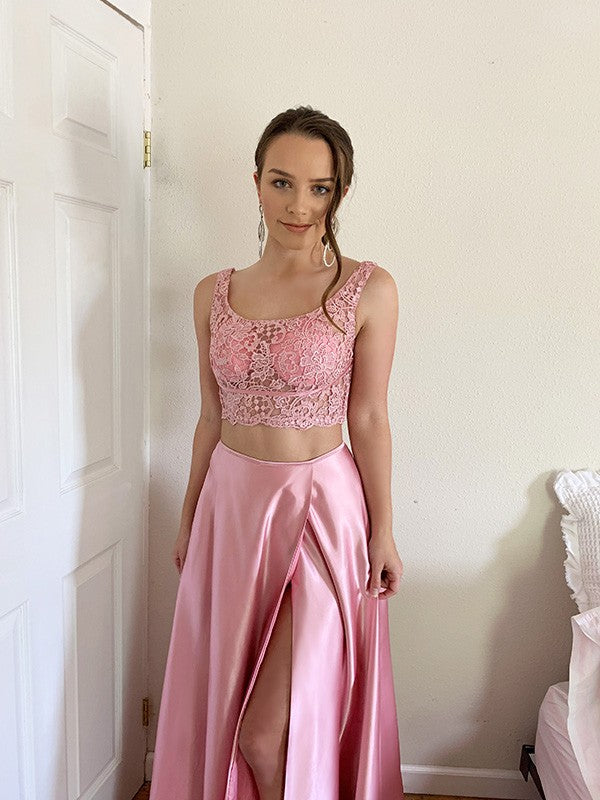 A-Line/Princess Square Applique Silk like Satin Sleeveless Sweep/Brush Train Two Piece Dresses Prom Evening Dress