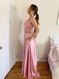 A-Line/Princess Square Applique Silk like Satin Sleeveless Sweep/Brush Train Two Piece Dresses Prom Evening Dress