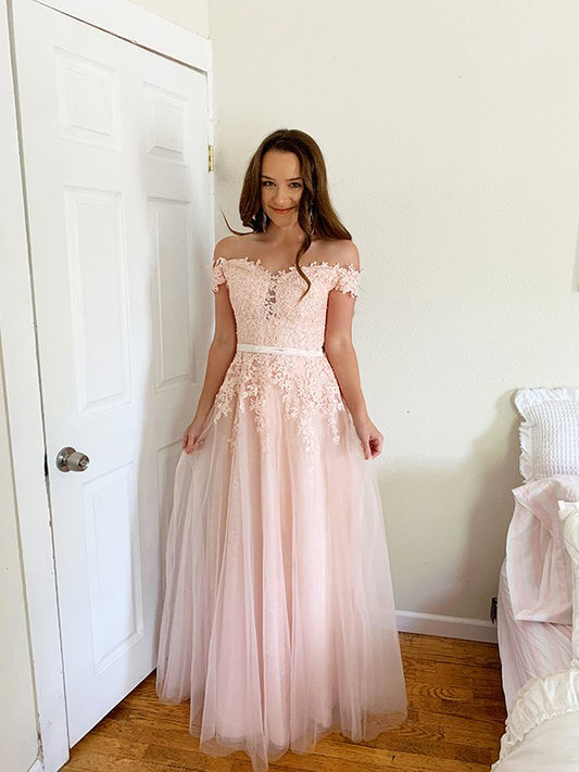 Vestido de noche de fiesta de tul con hombros descubiertos, corte princesa, largo hasta el suelo, apliques, sin mangas