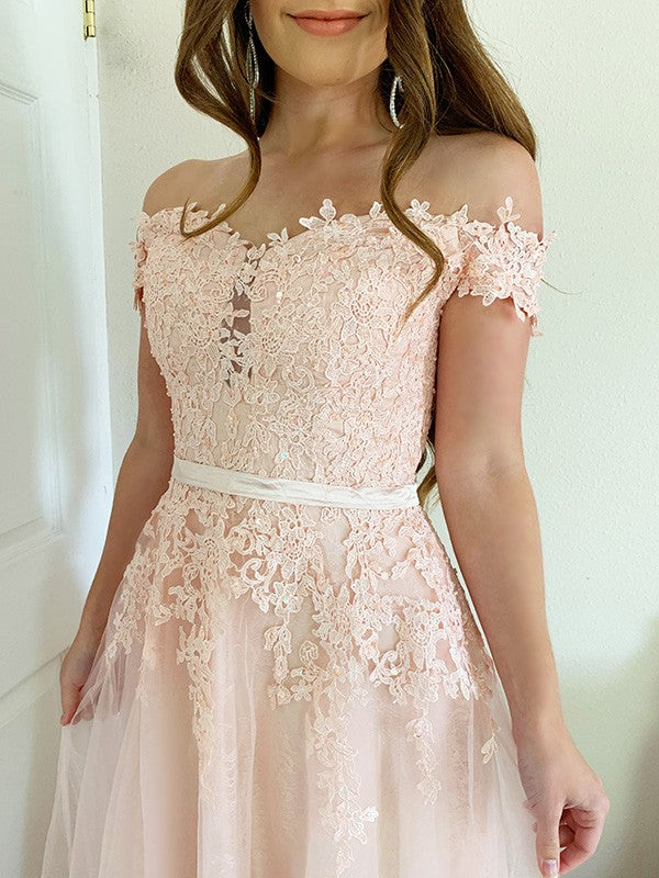 Vestido de noche de fiesta de tul con hombros descubiertos, corte princesa, largo hasta el suelo, apliques, sin mangas