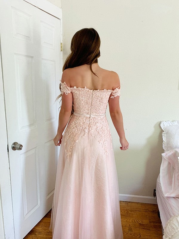 Vestido de noche de fiesta de tul con hombros descubiertos, corte princesa, largo hasta el suelo, apliques, sin mangas