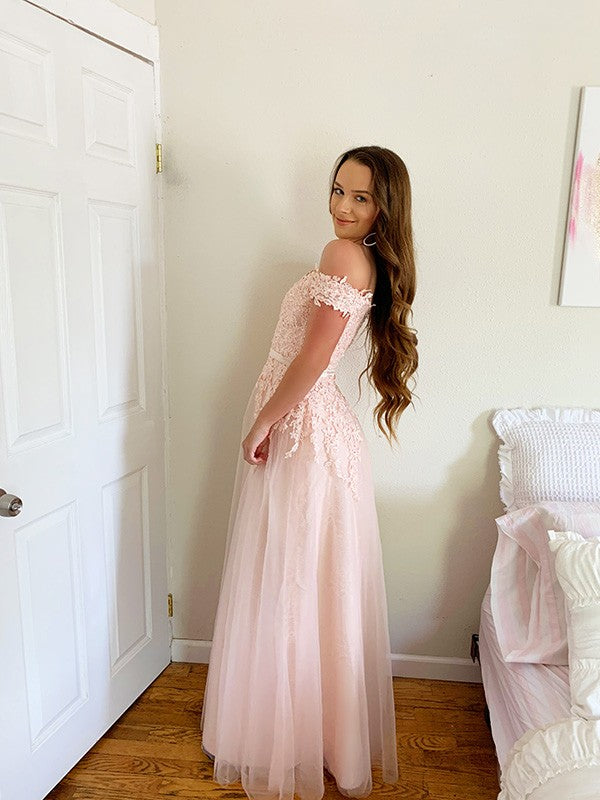 Vestido de noche de fiesta de tul con hombros descubiertos, corte princesa, largo hasta el suelo, apliques, sin mangas