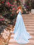 Vestido de noche de fiesta con corte A/princesa, encaje, volantes, tirantes finos, sin mangas y cola larga