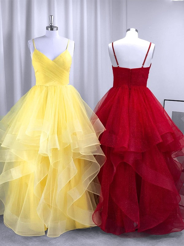 Vestidos de fiesta de noche con corte A/princesa, volantes, tirantes finos, sin mangas, de tul, hasta el suelo