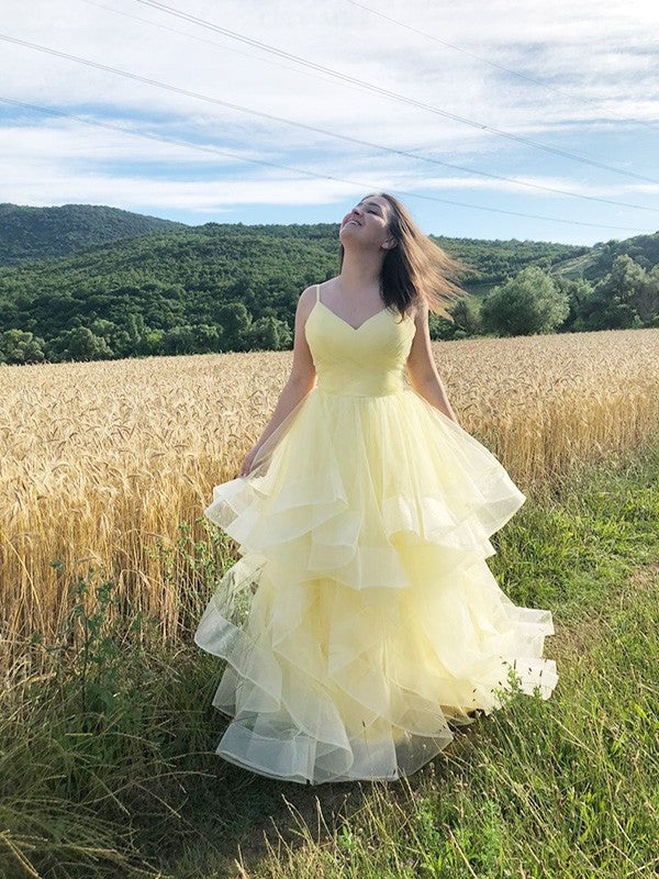 Vestidos de fiesta de noche con corte A/princesa, volantes, tirantes finos, sin mangas, de tul, hasta el suelo