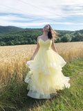 Vestidos de fiesta de noche con corte A/princesa, volantes, tirantes finos, sin mangas, de tul, hasta el suelo
