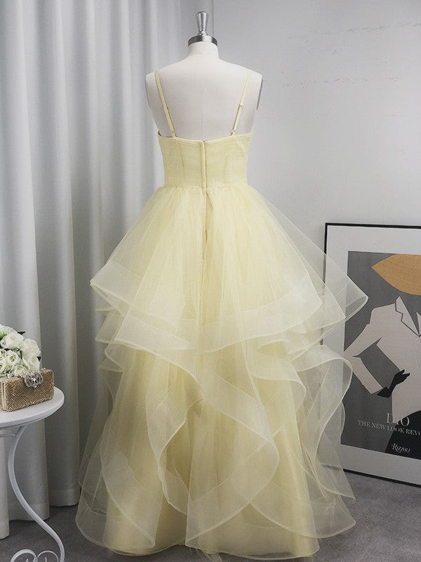 Vestidos de fiesta de noche con corte A/princesa, volantes, tirantes finos, sin mangas, de tul, hasta el suelo
