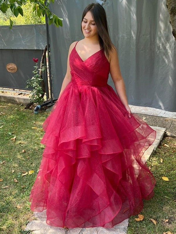 Vestidos de fiesta de noche con corte A/princesa, volantes, tirantes finos, sin mangas, de tul, hasta el suelo