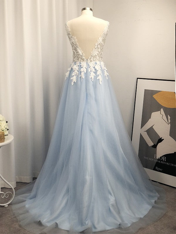 Vestido de noche de graduación con escote en V, sin mangas, corte A/princesa, apliques de tul y cola larga