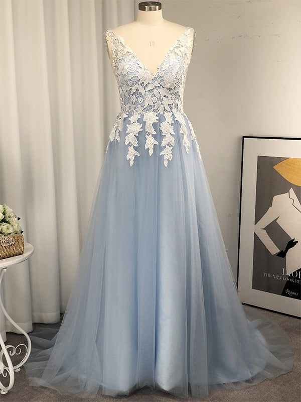 Vestido de noche de graduación con escote en V, sin mangas, corte A/princesa, apliques de tul y cola larga