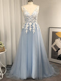 Vestido de noche de graduación con escote en V, sin mangas, corte A/princesa, apliques de tul y cola larga