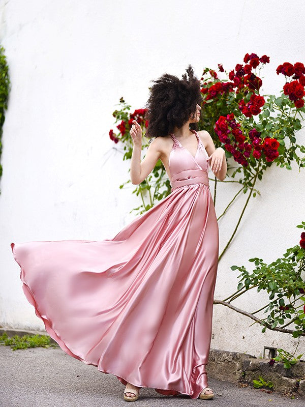 Vestido de noche de graduación, corte A/princesa, satén sedoso, sin mangas, con faja, cinta o cinturón, tirantes finos, largo hasta el suelo