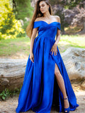 Vestido de noche de graduación de corte A/princesa con volantes, satén, hombros descubiertos, sin mangas y largo hasta el suelo