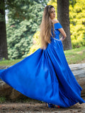 Vestido de noche de graduación de corte A/princesa con volantes, satén, hombros descubiertos, sin mangas y largo hasta el suelo
