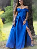 Vestido de noche de graduación de corte A/princesa con volantes, satén, hombros descubiertos, sin mangas y largo hasta el suelo