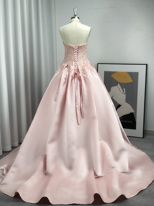 Ballkleid Herzausschnitt Spitze Satin Ärmellos Hofschleppe Kleider Abschlussball Abendkleid Ballkleider