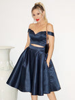 A-Line/Princess Satin Off-the-Shoulder Ruffles Sleeveless Tea-Length Two Piece Dresses Prom Homecoming Dress