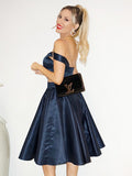 A-Line/Princess Satin Off-the-Shoulder Ruffles Sleeveless Tea-Length Two Piece Dresses Prom Homecoming Dress
