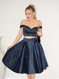A-Line/Princess Satin Off-the-Shoulder Ruffles Sleeveless Tea-Length Two Piece Dresses Prom Homecoming Dress