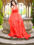 Vestido de noche de fiesta asimétrico con volantes de organza y escote en V sin mangas de corte A/princesa