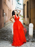 Vestido de noche de fiesta asimétrico con volantes de organza y escote en V sin mangas de corte A/princesa