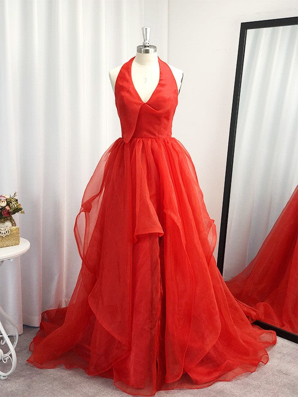 Vestido de noche de fiesta asimétrico con volantes de organza y escote en V sin mangas de corte A/princesa