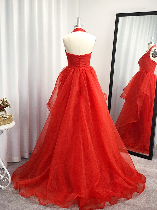 Vestido de noche de fiesta asimétrico con volantes de organza y escote en V sin mangas de corte A/princesa