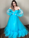 Vestido de noche de graduación con corte A/princesa, hombros descubiertos, apliques de tul, largo hasta el suelo, mangas largas